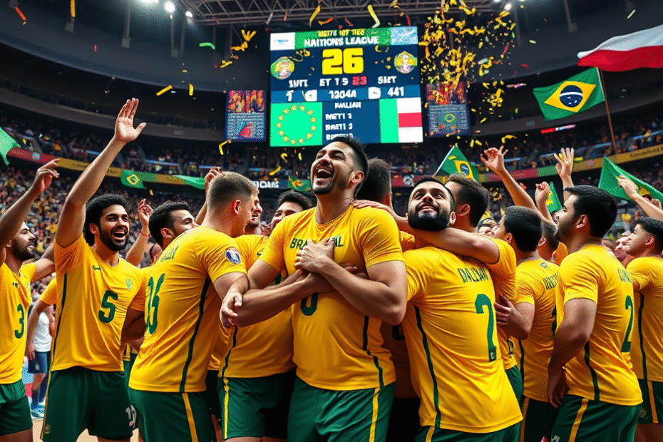 Jogadores da seleção brasileira masculina de vôlei comemorando a vitória sobre a Polônia na Liga das Nações.