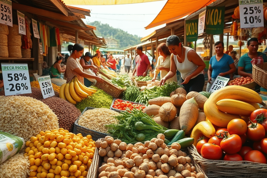 Gráficos mostrando a redução nos preços dos alimentos após o lançamento do Plano Safra da Agricultura Familiar.