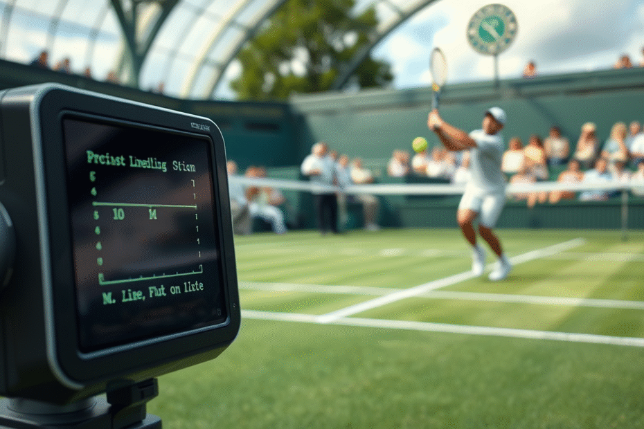 Imagem de uma quadra de tênis em Wimbledon com tecnologia de marcação eletrônica.