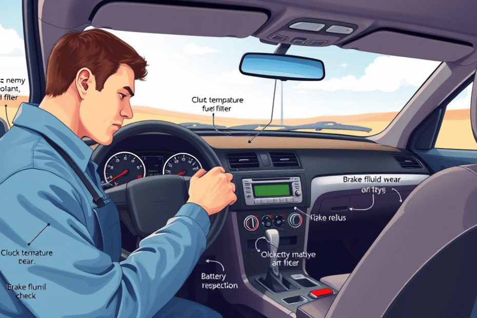 Motorista inspecionando o veículo antes de viagem de férias.