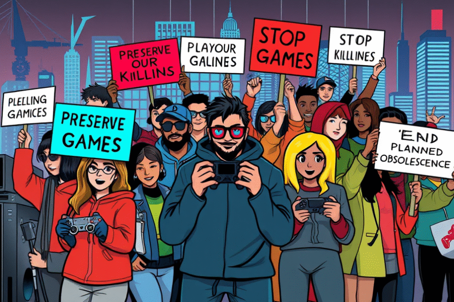 Imagem representativa do movimento Stop Killing Games e a luta pelos direitos dos consumidores no mundo dos jogos digitais.