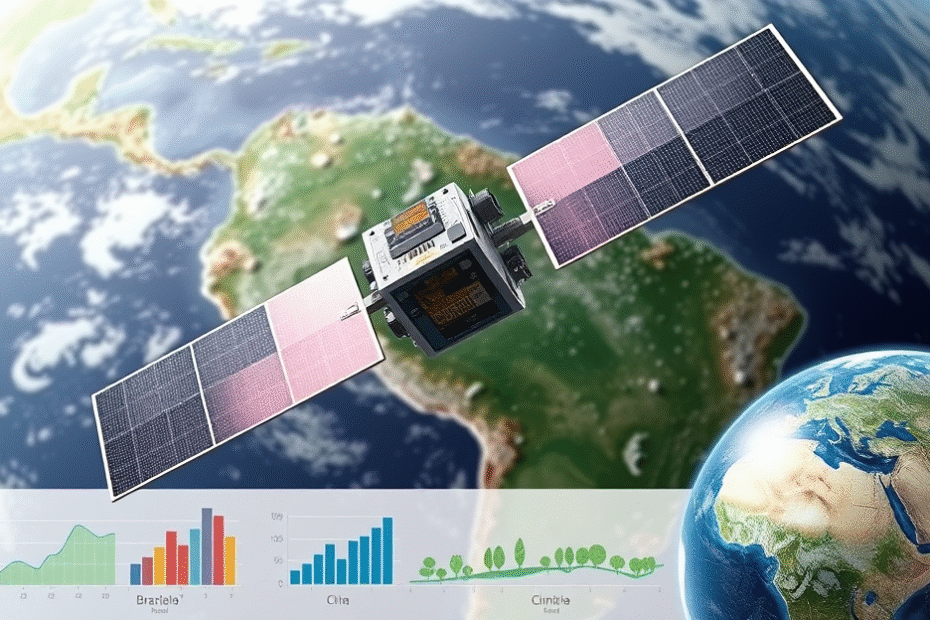 Imagem do satélite CBERS-5 em órbita, simbolizando a colaboração entre Brasil e China no monitoramento climático e coleta de dados ambientais.