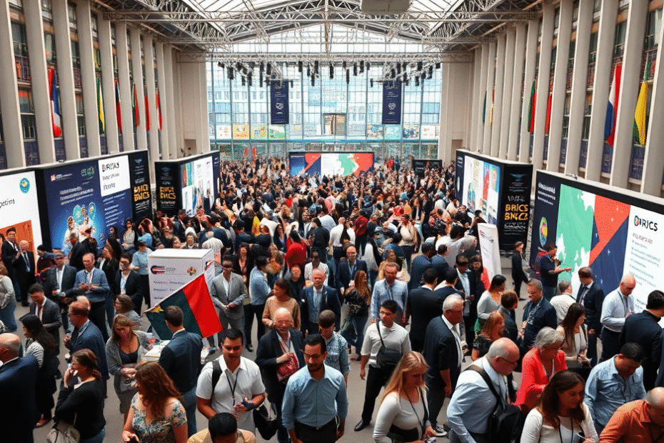 Evento do BRICS destacando a movimentação econômica e os debates sobre inteligência artificial.