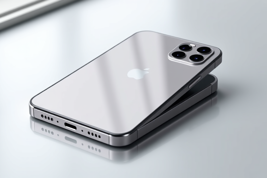 Conceito do iPhone Fold, smartphone dobrável com design em livro e tecnologia avançada.