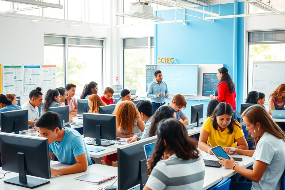 Banner do programa SCTEC oferecendo cursos gratuitos em tecnologia e inteligência artificial para jovens e adultos.