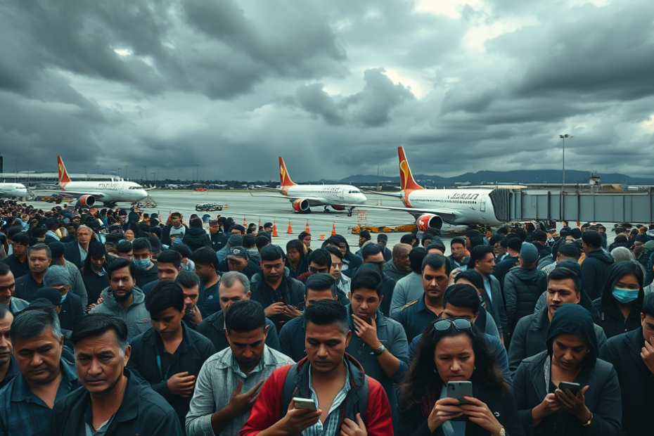 Caos aéreo em decorrência de um ciclone, com voos cancelados e passageiros retidos.