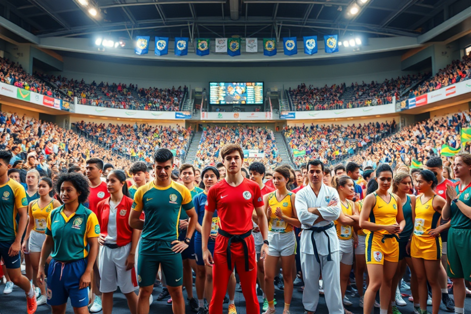 Atletas se preparando para os Jogos Abertos do Interior, destacando modalidades como handebol, ciclismo e ginástica artística.