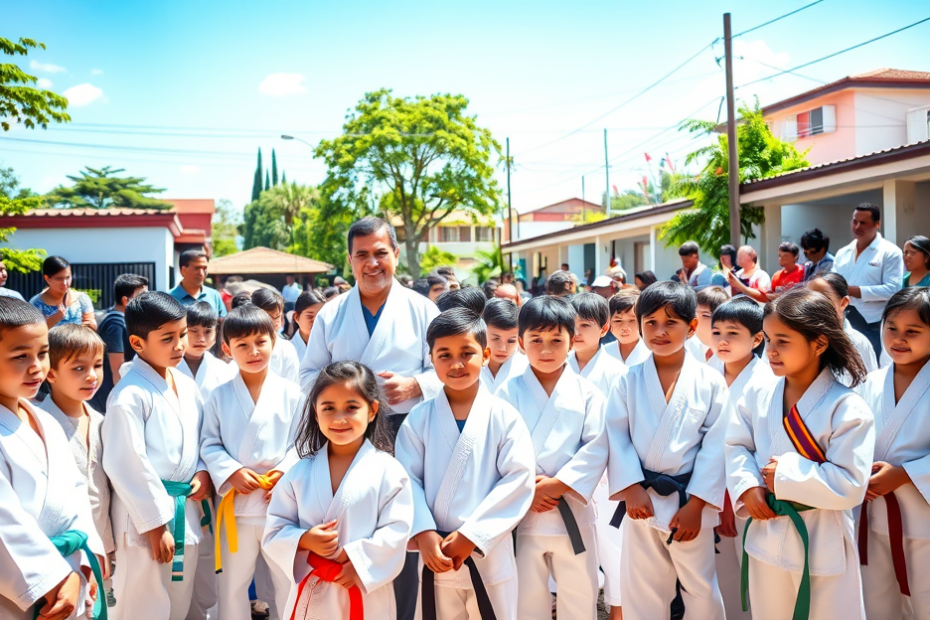 Crianças e adolescentes durante a cerimônia de troca de graduação do judô, com a presença de familiares e comunidade.