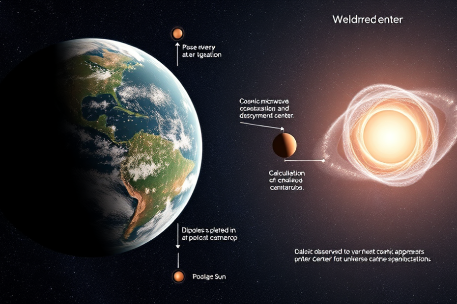 Uma representação artística da expansão do universo e a radiação cósmica de fundo, explorando a ideia de um centro no cosmos.