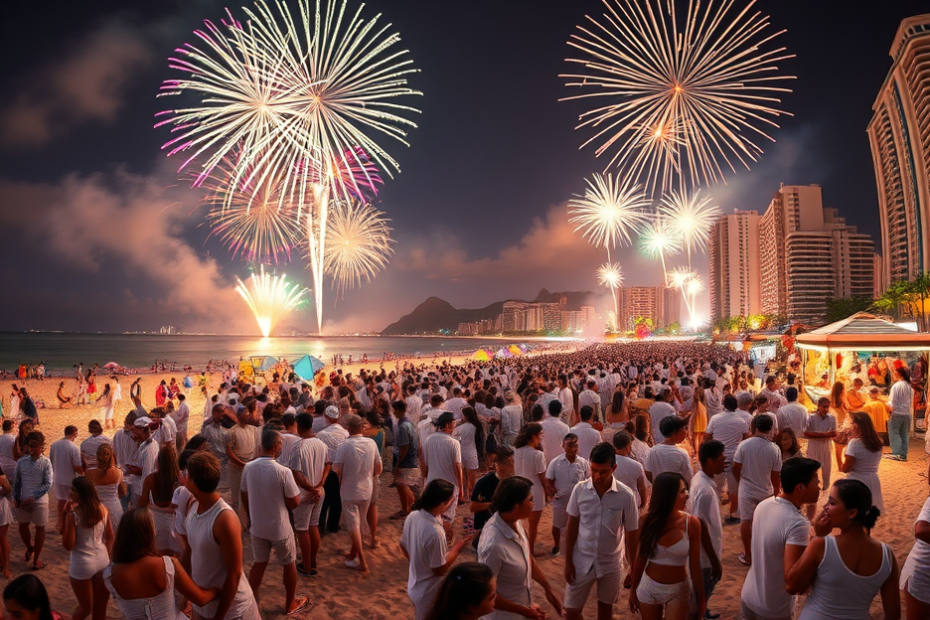 Festa de Réveillon no Rio com queima de fogos e multidão.