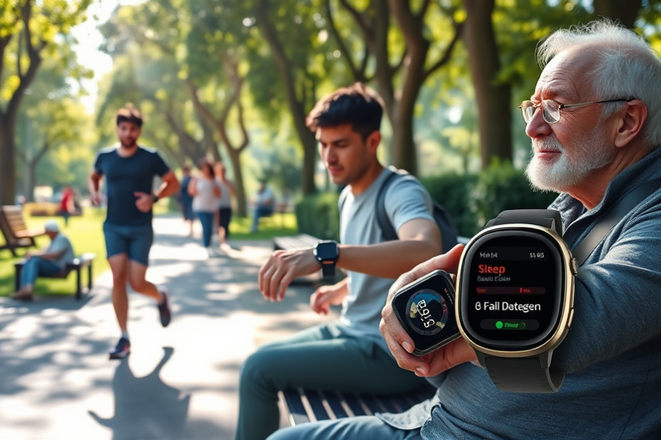 Imagem de um smartwatch mostrando funções de monitoramento de saúde.