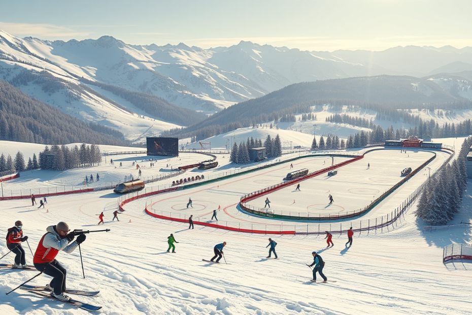 Atletas se preparando para os Jogos Olímpicos de Inverno com diversas modalidades, incluindo esqui e curling.