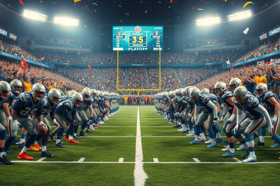 Confrontos da AFC e NFC no Futebol Americano, destacando equipes como Denver Broncos, New England Patriots e Los Angeles Chargers.