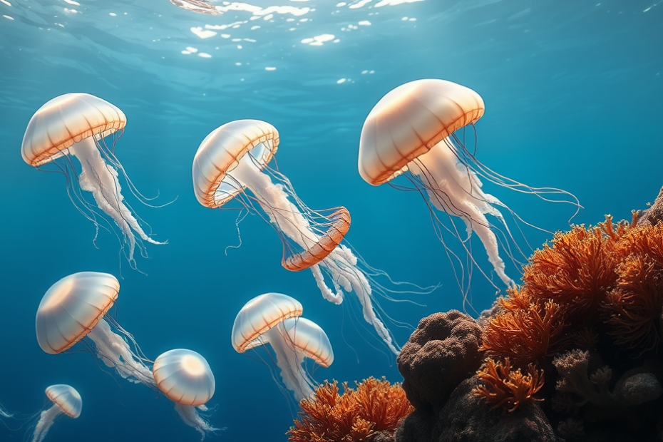 Imagem de águas-vivas e anêmonas-do-mar ilustrando a pesquisa sobre o sono e seu papel no reparo celular.