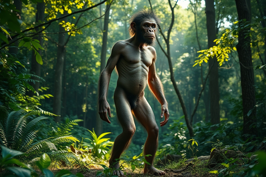 Homo habilis com características corporais que refletem a complexidade da evolução humana.