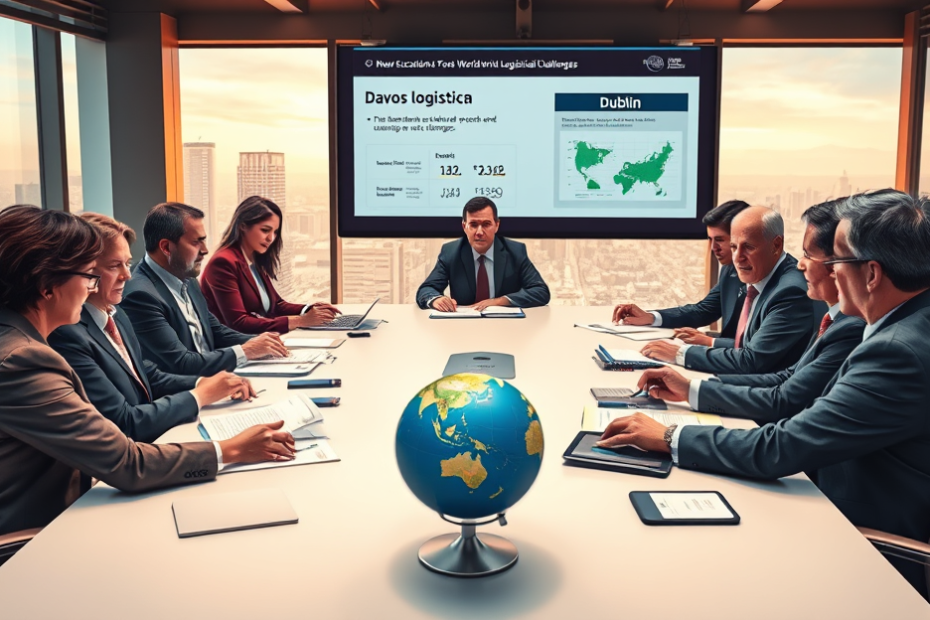 Executivos do Fórum Econômico Mundial em reunião, discutindo a possível mudança da localização do evento anual devido a críticas sobre elitismo e logística.