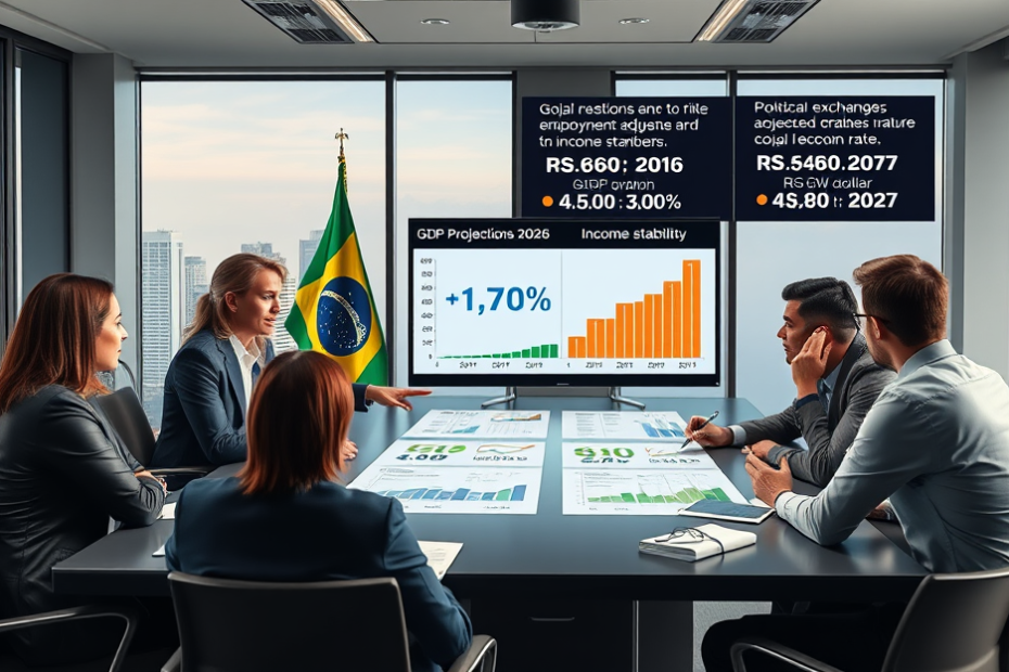Gráfico mostrando as projeções econômicas e crescimento do PIB no Brasil, destacando a inflação e taxa Selic.