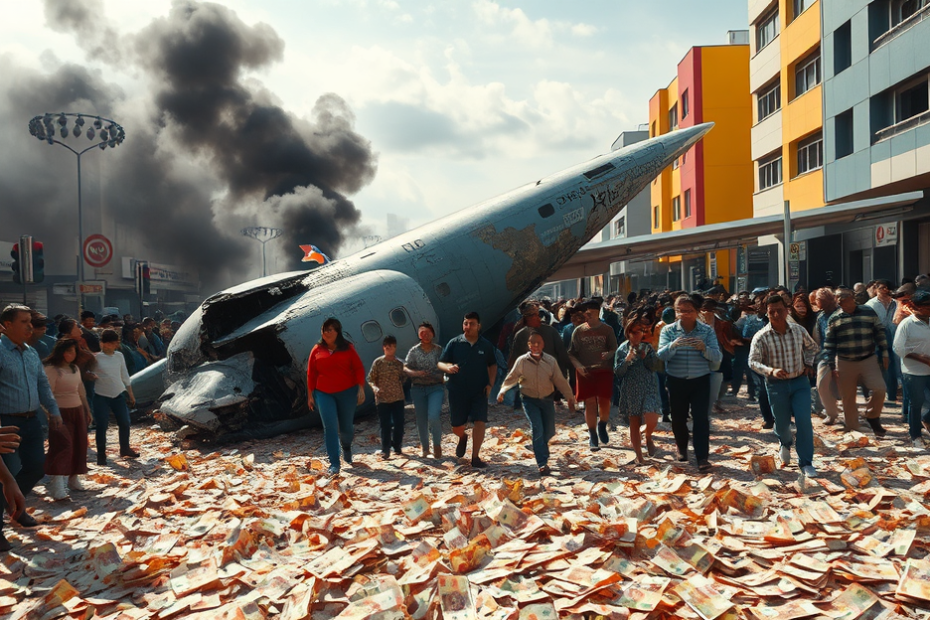 Imagem mostrando a queda de um avião de carga militar e a multidão recolhendo notas de bolivianos na rua.