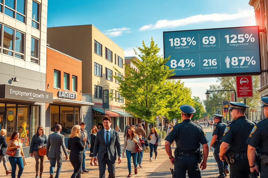 Infográfico mostrando a relação entre segurança pública e crescimento econômico nas cidades, destacando o impacto na criação de empregos e a redução da violência.