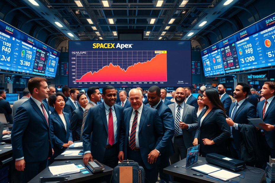 Imagem do logo da SpaceX com informações sobre o IPO Projeto Apex e seus coordenadores financeiros.