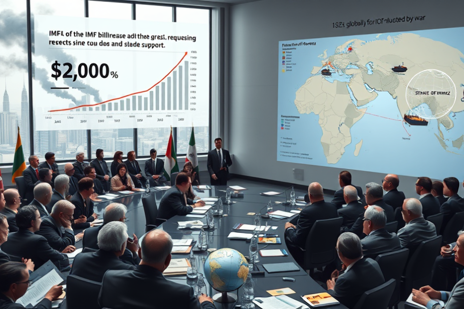 Gráfico mostrando a demanda por apoio financeiro do FMI em meio à guerra no Oriente Médio e seus impactos econômicos.