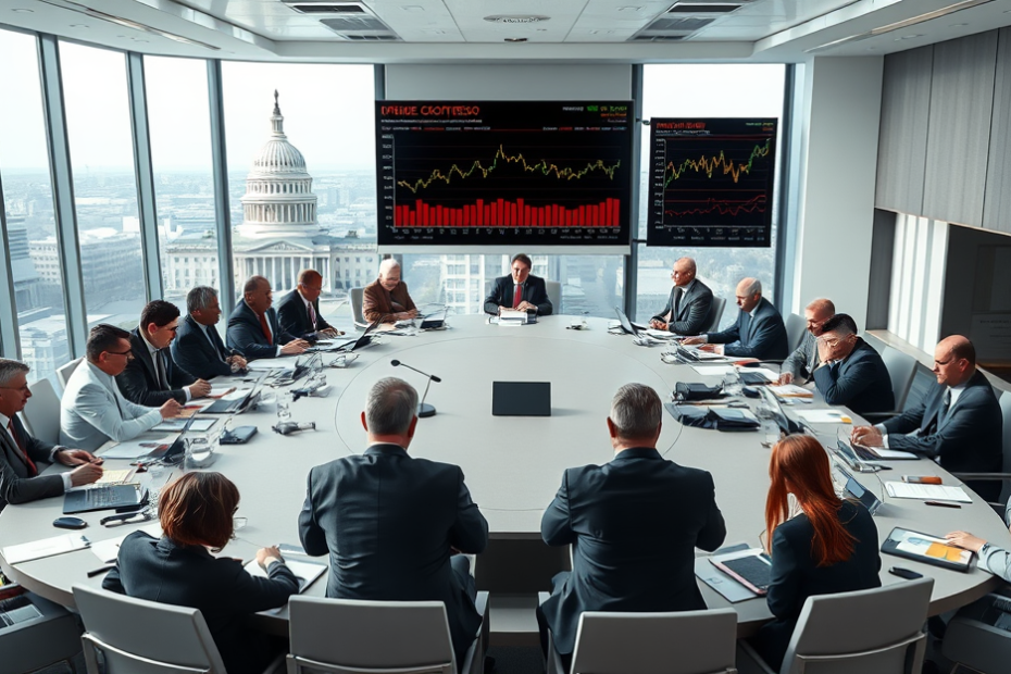 Imagem representativa da reunião de economistas e dados econômicos em contexto de guerra.