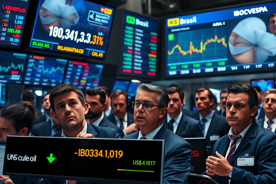 Gráfico de desempenho do Ibovespa e alta do Dólar após influências do mercado e do petróleo.