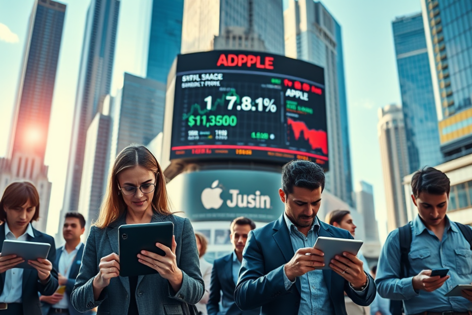 Gráfico de ações da Apple mostrando a alta histórica acima de US$ 5 trilhões, enquanto a Nvidia enfrenta perdas significativas.