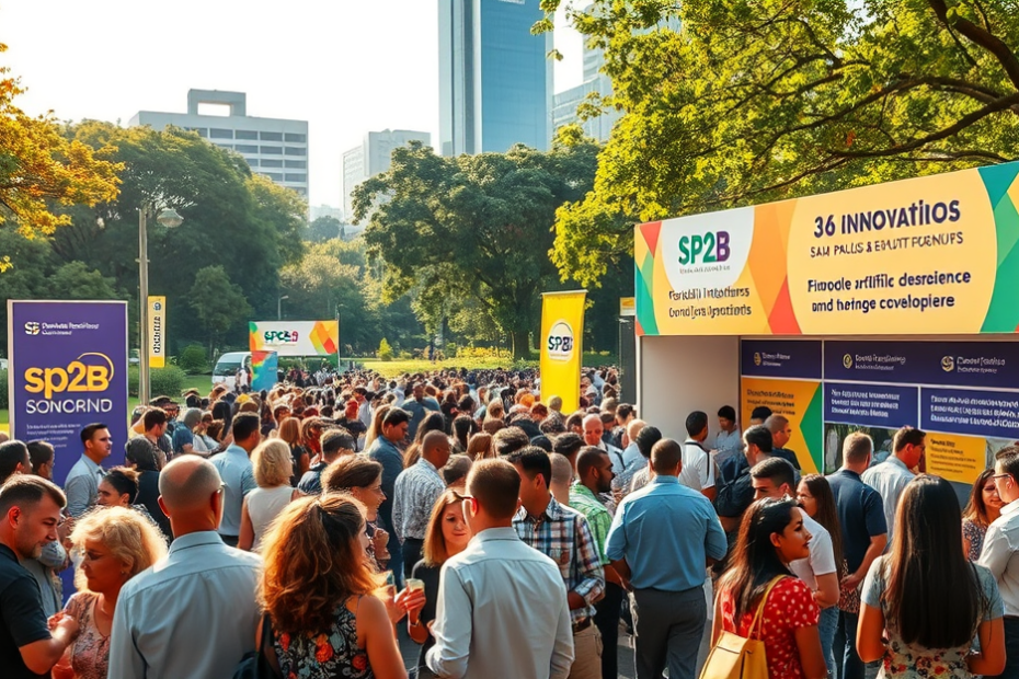 Imagem do evento SP2B mostrando o espaço para discussões sobre empreendedorismo e inovação.